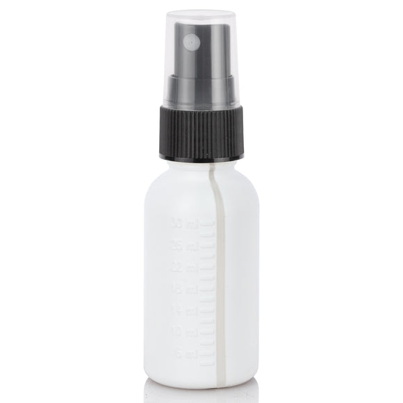 1 oz White Plastic HDPE Boston Round Graduated Bottle with Black Fine Mist Sprayer (12 Pack)
