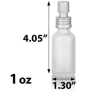 1 oz Frosted Clear Glass Boston Round Bottle with Silver Metal Aluminum Fine Mist Sprayer (12 Pack)