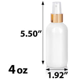 High Shine Gloss White Glass Boston Round Bottle with Gold Fine Mist Sprayer - 4 oz (12 Pack)