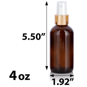 4 oz Amber Glass Boston Round Bottle with Gold Fine Mist Sprayer (12 Pack)