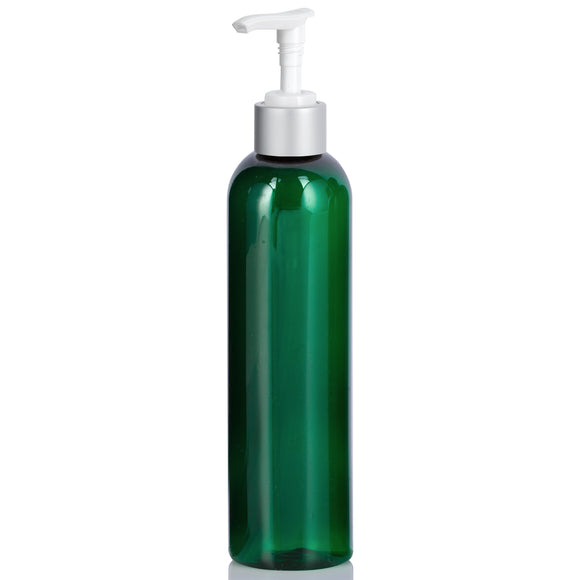 Green Plastic PET Slim Cosmo Bottle with Silver Lotion Pump - 8 oz (12 Pack)