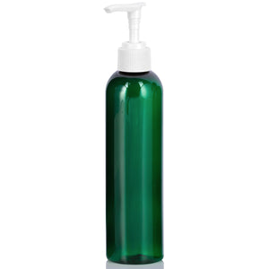 8 oz Green Plastic PET Slim Cosmo Bottle with White Lotion Pump (6 Pack)