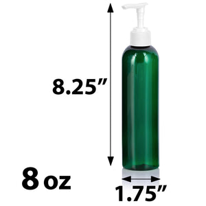 Green Plastic PET Slim Cosmo Bottle with White Lotion Pump - 8 oz (6 Pack)