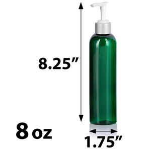 Green Plastic PET Slim Cosmo Bottle with Silver Lotion Pump - 8 oz (12 Pack)