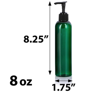 Green Plastic PET Slim Cosmo Bottle with Black Lotion Pump - 8 oz (12 Pack)