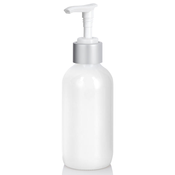 High Shine Gloss White Glass Boston Round Bottle with Silver Lotion Pump - 4 oz (12 Pack)