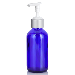 4 oz Cobalt Blue Glass Boston Round Bottle with Silver Lotion Pump (12 Pack)