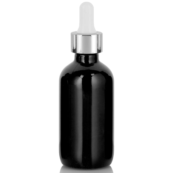 Black Glass Boston Round Bottle with Silver Metal and Glass Dropper (12 Pack)