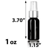 Black Plastic PET Boston Round Bottle with Silver Fine Mist Sprayer - 1 oz (12 Pack)