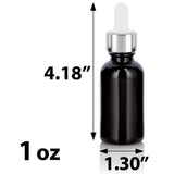 Black Glass Boston Round Bottle with Silver Metal and Glass Dropper (12 Pack)