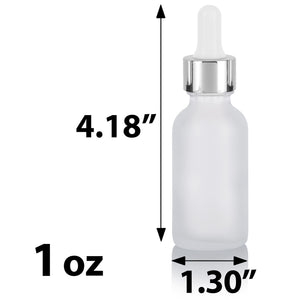 Frosted Clear Glass Boston Round Bottle with Silver Metal and Glass Dropper (12 Pack)