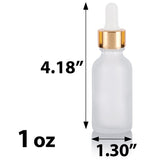 Frosted Clear Glass Boston Round Bottle with Gold Metal and Glass Dropper (12 Pack)
