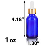Cobalt Blue Glass Boston Round Bottle with Gold Metal and Glass Dropper (12 Pack)
