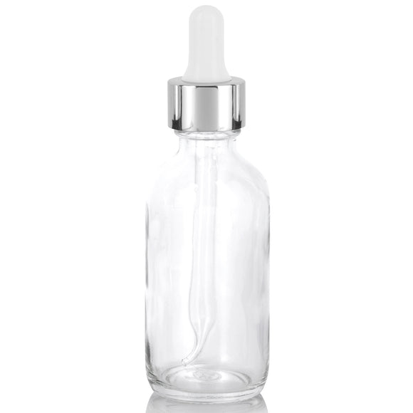 Clear Glass Boston Round Bottle with Silver Metal and Glass Dropper (12 Pack)