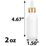 Opal White Glass Boston Round Bottle with Gold Metal and Glass Dropper (12 Pack)
