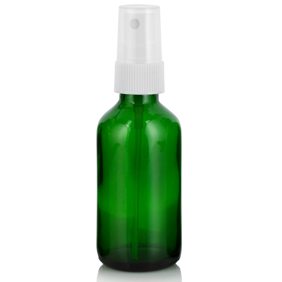 Green Glass Boston Round Bottle with White Fine Mist Sprayer (12 Pack)