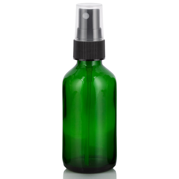 Green Glass Boston Round Bottle with Black Fine Mist Sprayer (12 Pack)