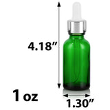 Green Glass Boston Round Bottle with Silver Metal and Glass Dropper (12 Pack)