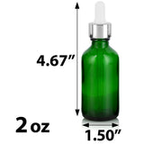 Green Glass Boston Round Bottle with Silver Metal and Glass Dropper (12 Pack)