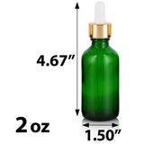 Green Glass Boston Round Bottle with Gold Metal and Glass Dropper (12 Pack)