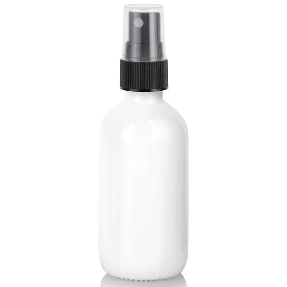 Opal White Glass Boston Round Bottle with Black Fine Mist Sprayer (12 Pack)