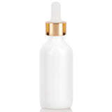 Opal White Glass Boston Round Bottle with Gold Metal and Glass Dropper (12 Pack)
