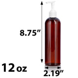12 oz Amber Plastic PET Slim Cosmo Bottle with White Lotion Pump (12 Pack)