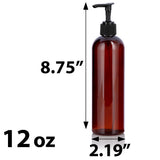 12 oz Amber Plastic PET Slim Cosmo Bottle with Black Lotion Pump (12 Pack)