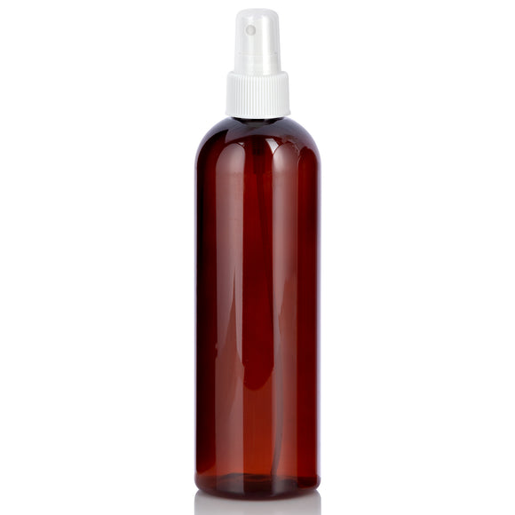 Amber Plastic PET Slim Cosmo Bottle with White Fine Mist Sprayer - 12 oz (12 Pack)