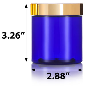 8 oz Cobalt Blue Plastic Straight Sided Jar with Metal Gold Overshell Lid ( 12 Pack)