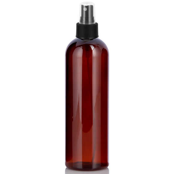 Amber Plastic PET Slim Cosmo Bottle with Black Fine Mist Sprayer - 12 oz (12 Pack)