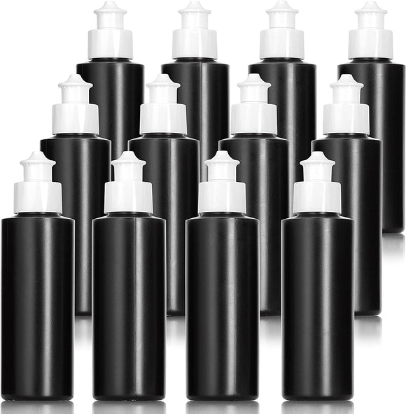 Black Squeeze Cylinder Plastic Bottle with White Push Pull Cap Dispense (12 Pack)